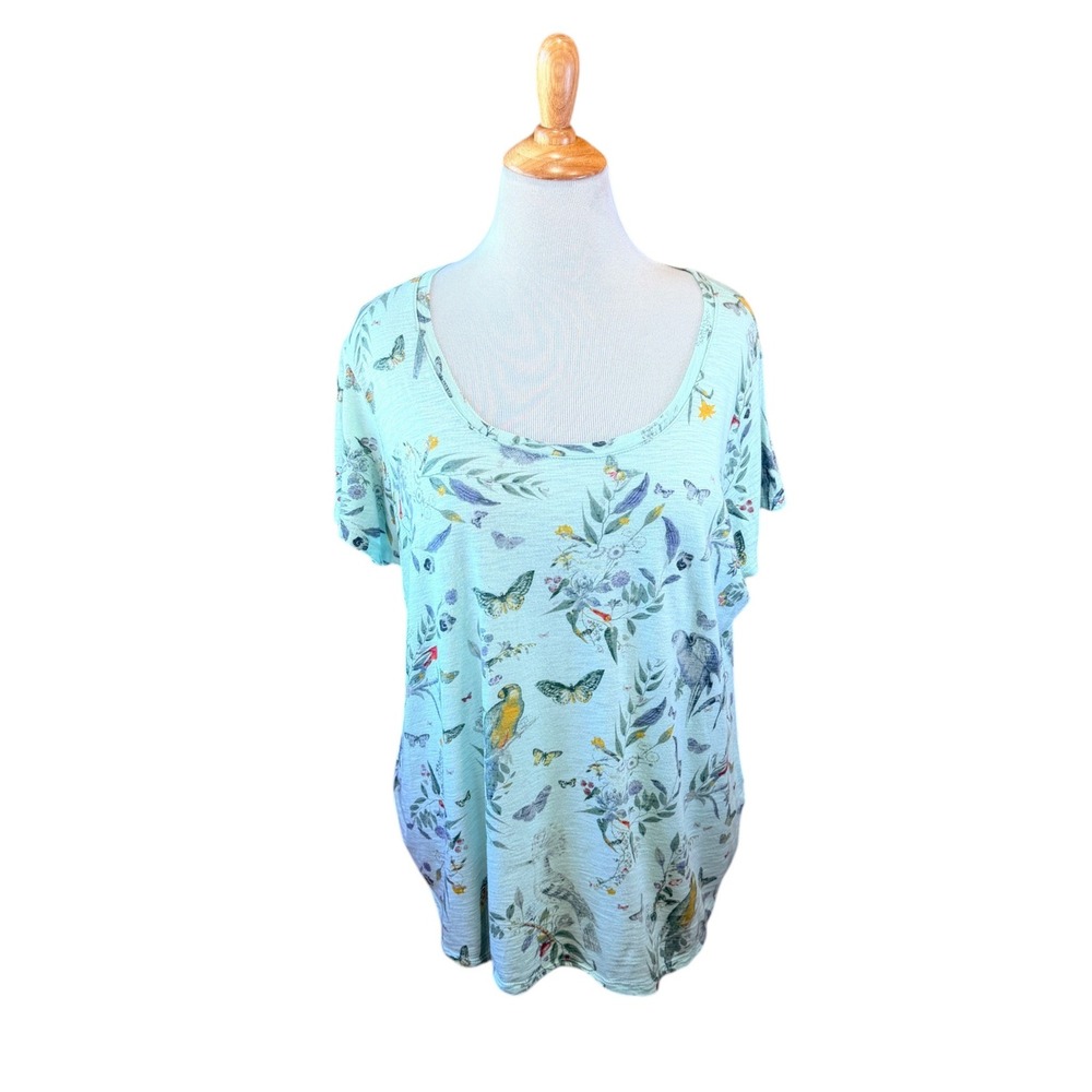 Lucky Brand Women 2X Green Boho Bird Butterfly Floral Slub Knit Scoop Neck Tee